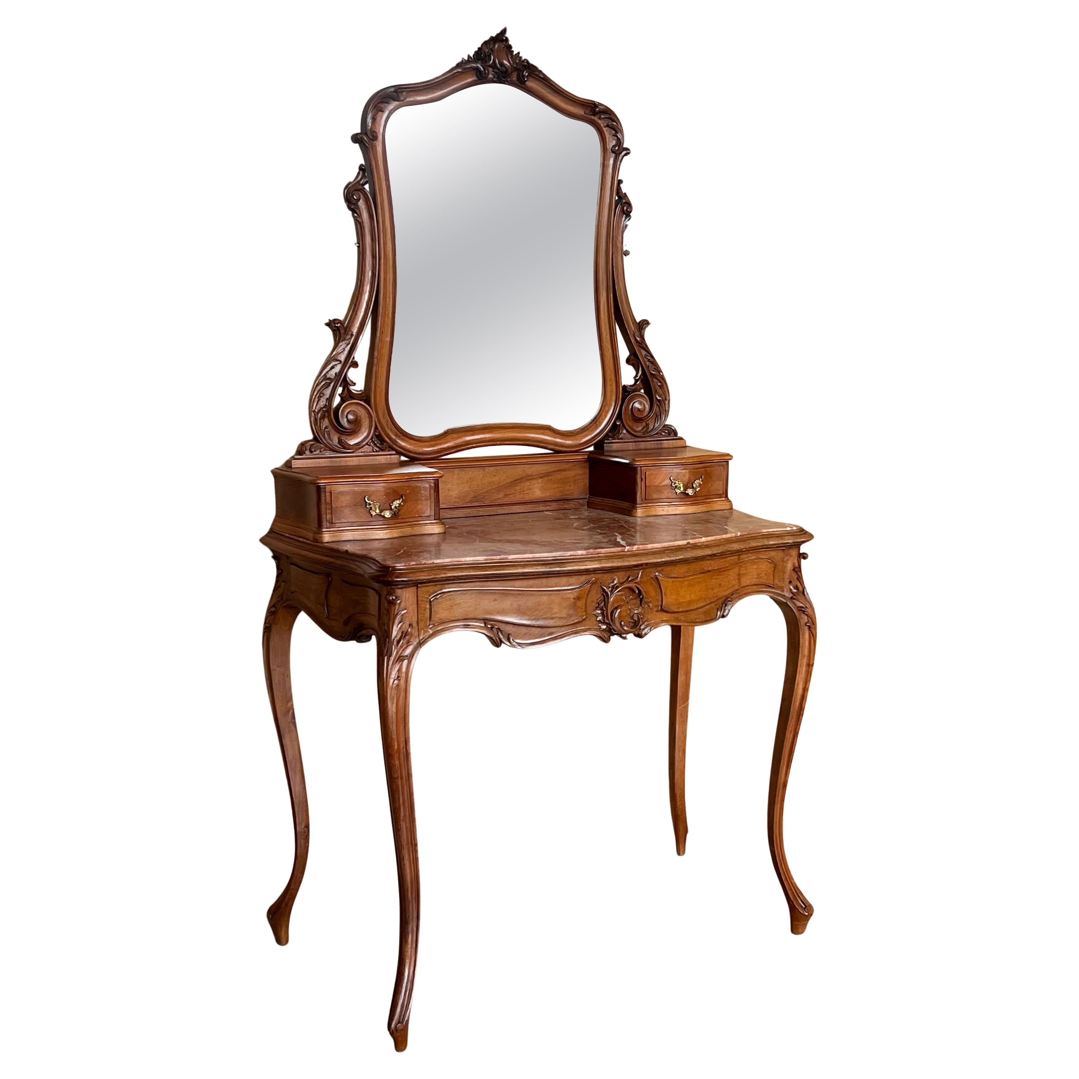Carved Victorian Mahogany Vanity or Dresser Table with Attached Mirror
