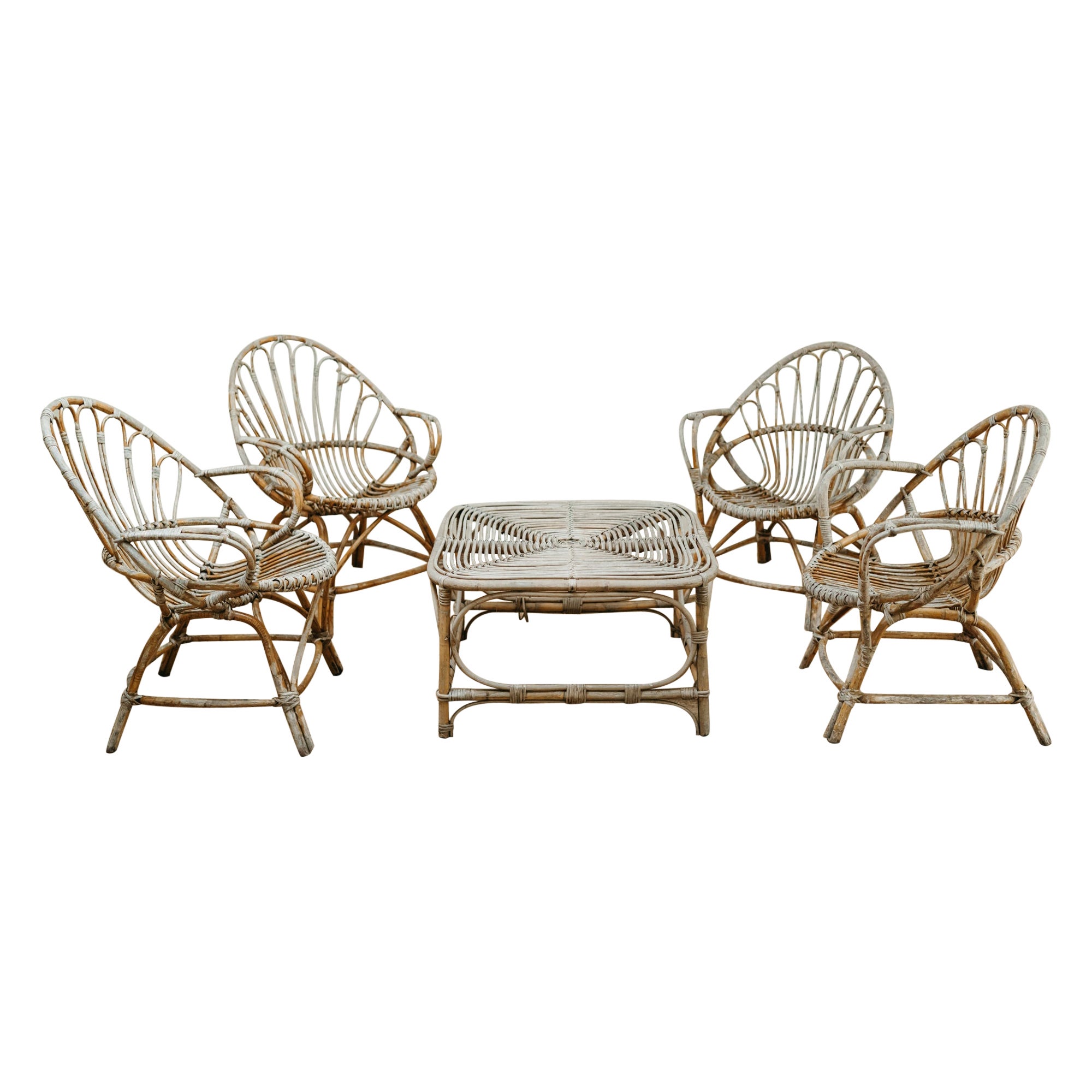 1950 set da giardino in rattan 4 sedie e 1 tavolo