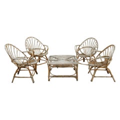 Ensemble de jardin en rotin de 1950 4 chaises et 1 table