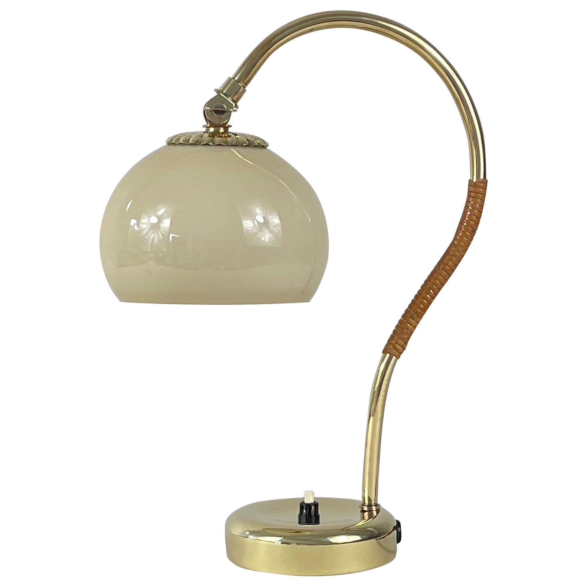 Mauri Almari Brass, Rattan & Opaline Table Lamp, Idman Oy, Finland 1950s