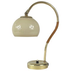 Mauri Almari Brass, Rattan & Opaline Table Lamp, Idman Oy, Finland 1950s