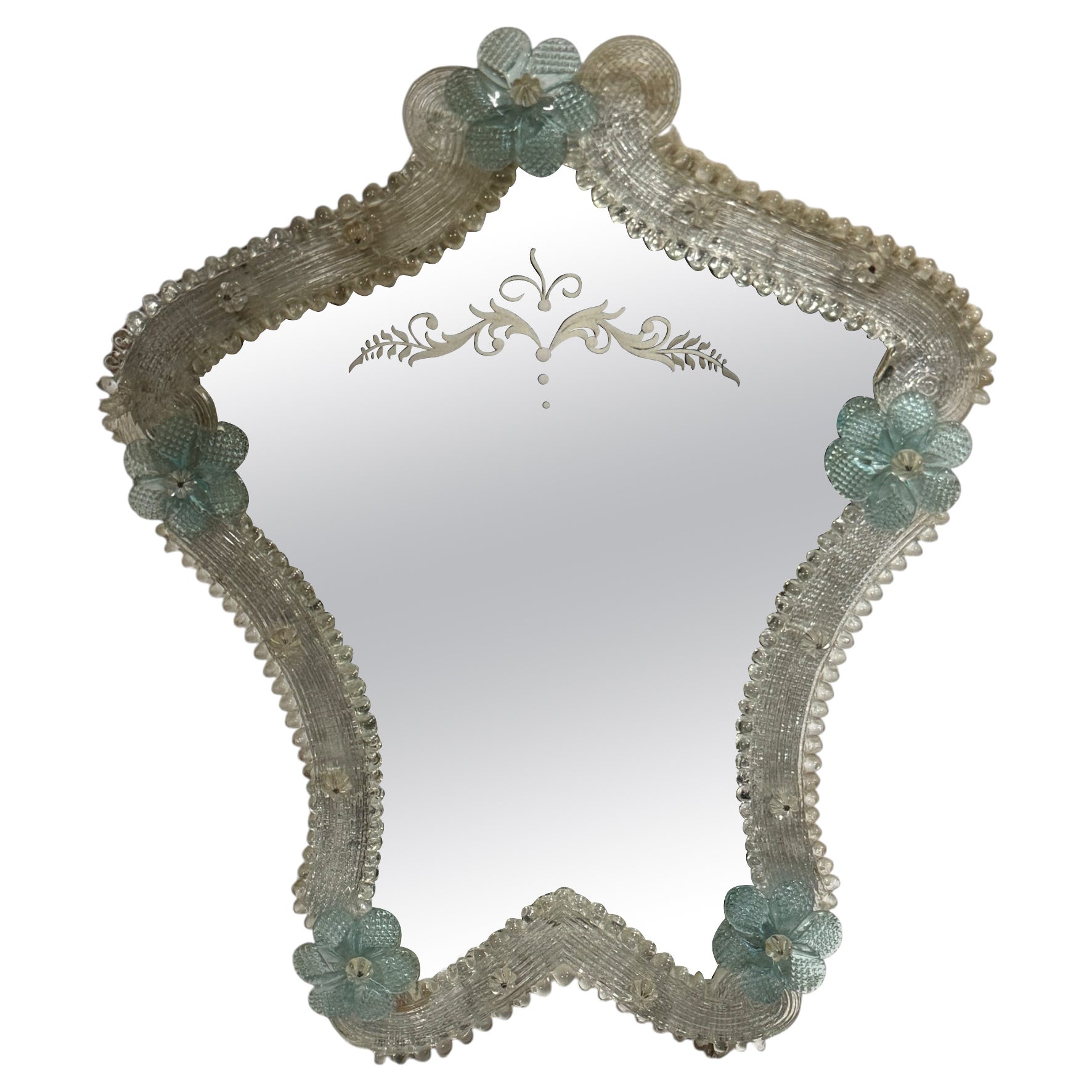 Precioso espejo de cristal de Murano Flores azules y cristal transparente, Italia Años 50