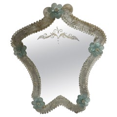 Beautiful Murano Glass Mirror Blue Flowers and Clear Glass, Italy 1950s
