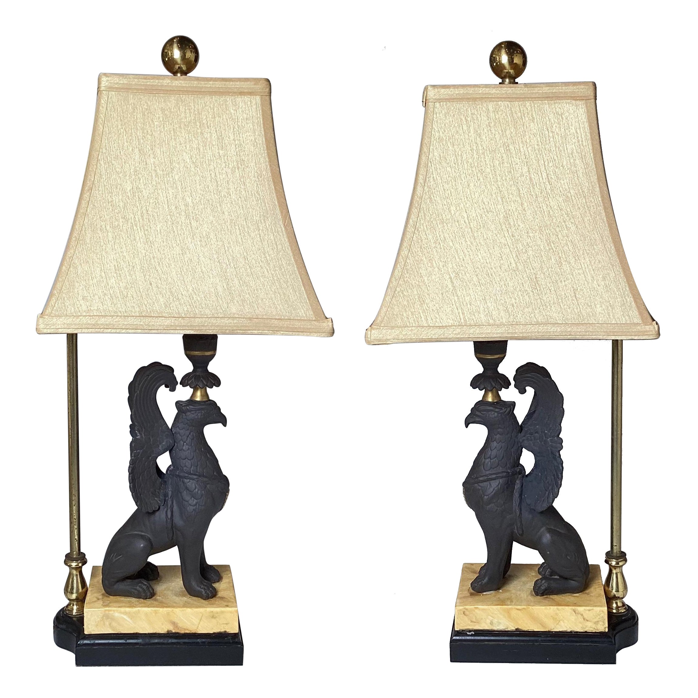 A Pair of Black Basalt Porcelain Egyptian Revival Lamps