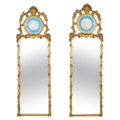 Rare Pair Carved Giltwood French Louis XV Style Mirrors with Sevres Plaques