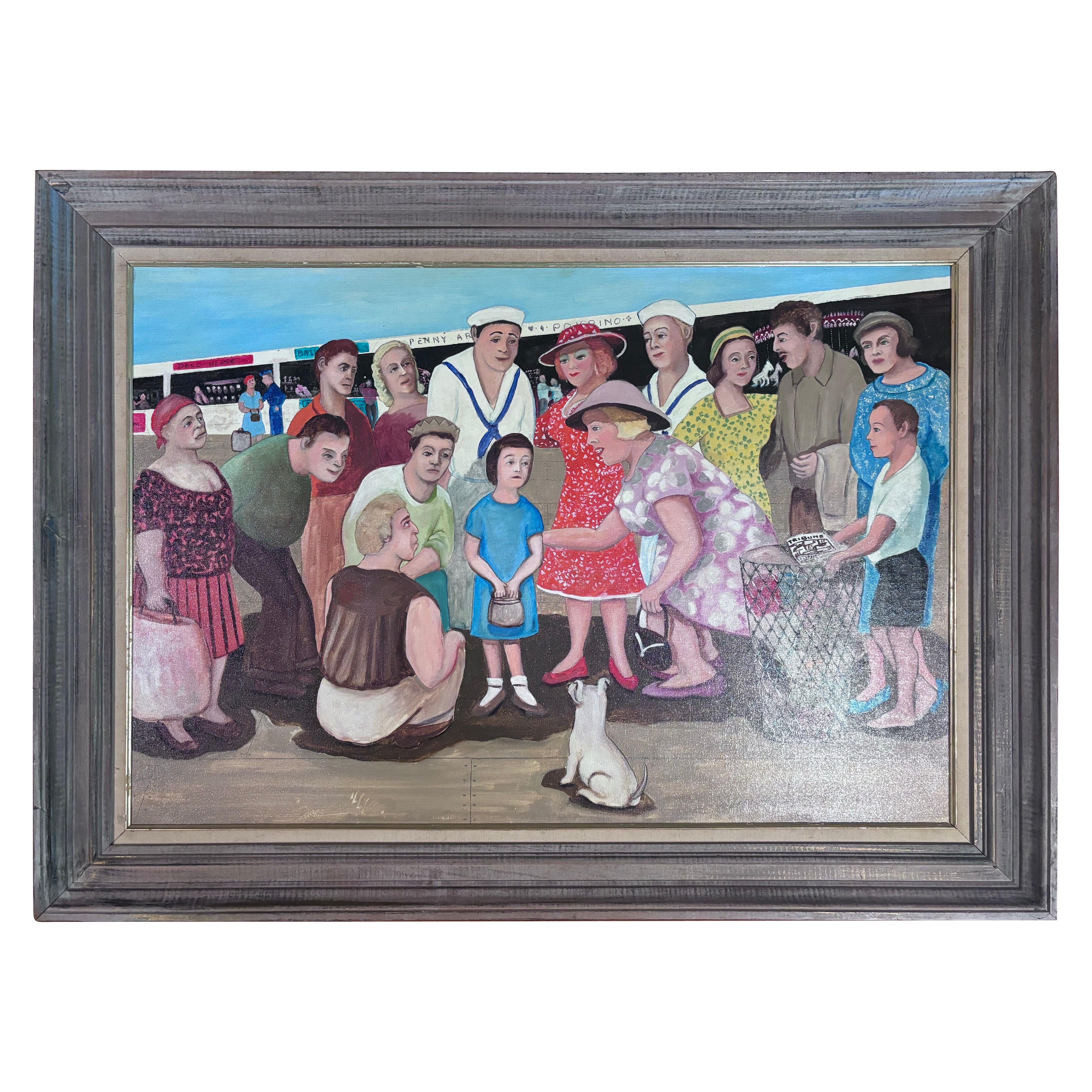Jeune fille et son meilleur ami le chien Peinture unique folklorique  L'artiste Gloria Laposka en vente