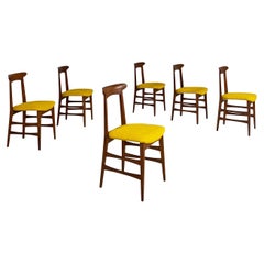 Danish mid century modern set of six yellow fabric and wood chairs, 1950s