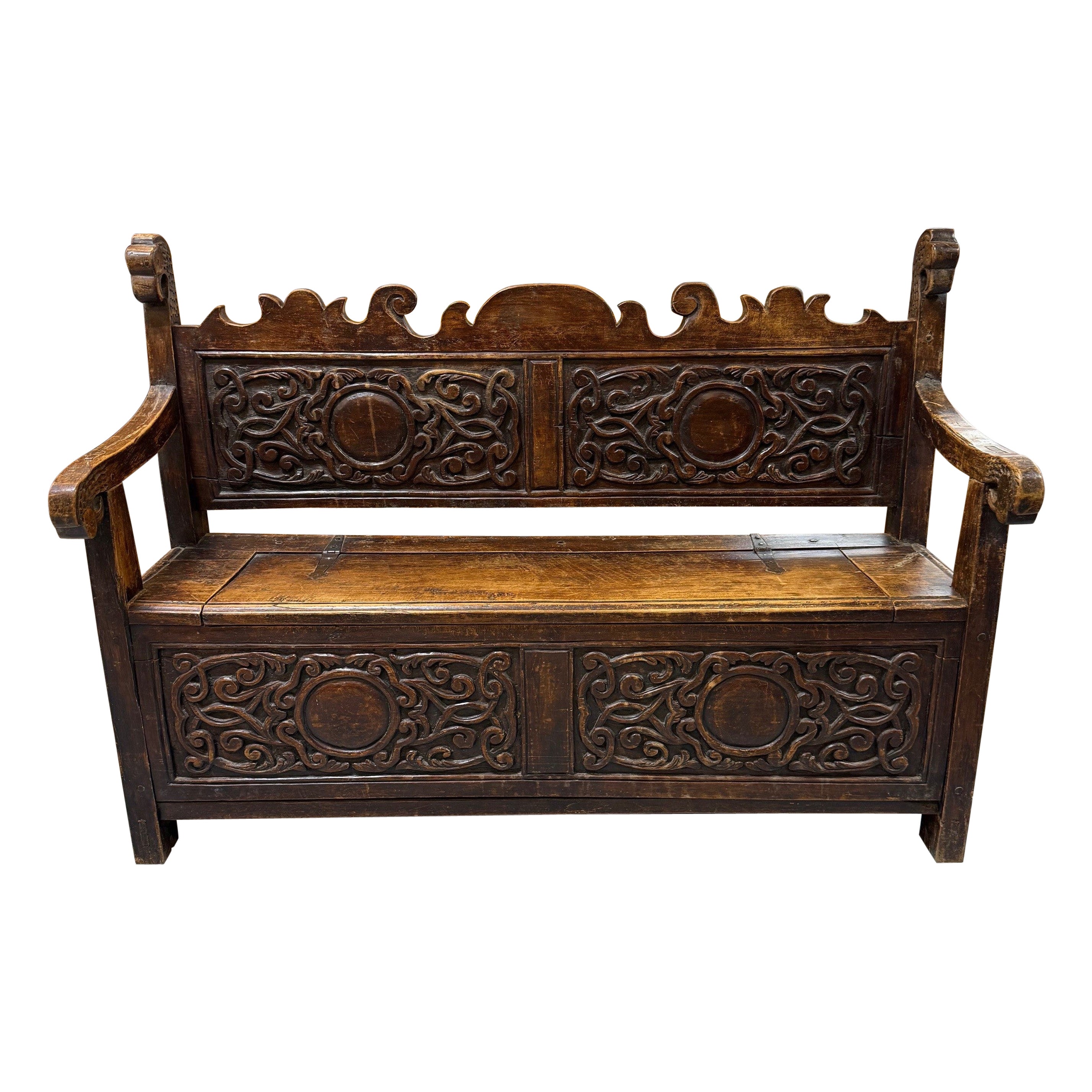 Early 19th Century Antique Carved Wood Storage Bench