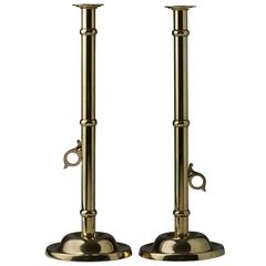 Antique Pair of English Brass Dome Base Pulpit Candlesticks, 19th Century