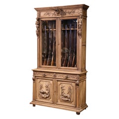 Antique 19th Century French Black Forest Carved Oak Nine-Gun Cabinet with Hunt Motifs