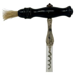 Antique English Ebonized Handle Corkscrew with Worm Brush, Circa 1920-1930.