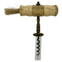 Antique English Ox Bone, Brass & Steel Corkscrew with Worm Brush Circa 1870-1880