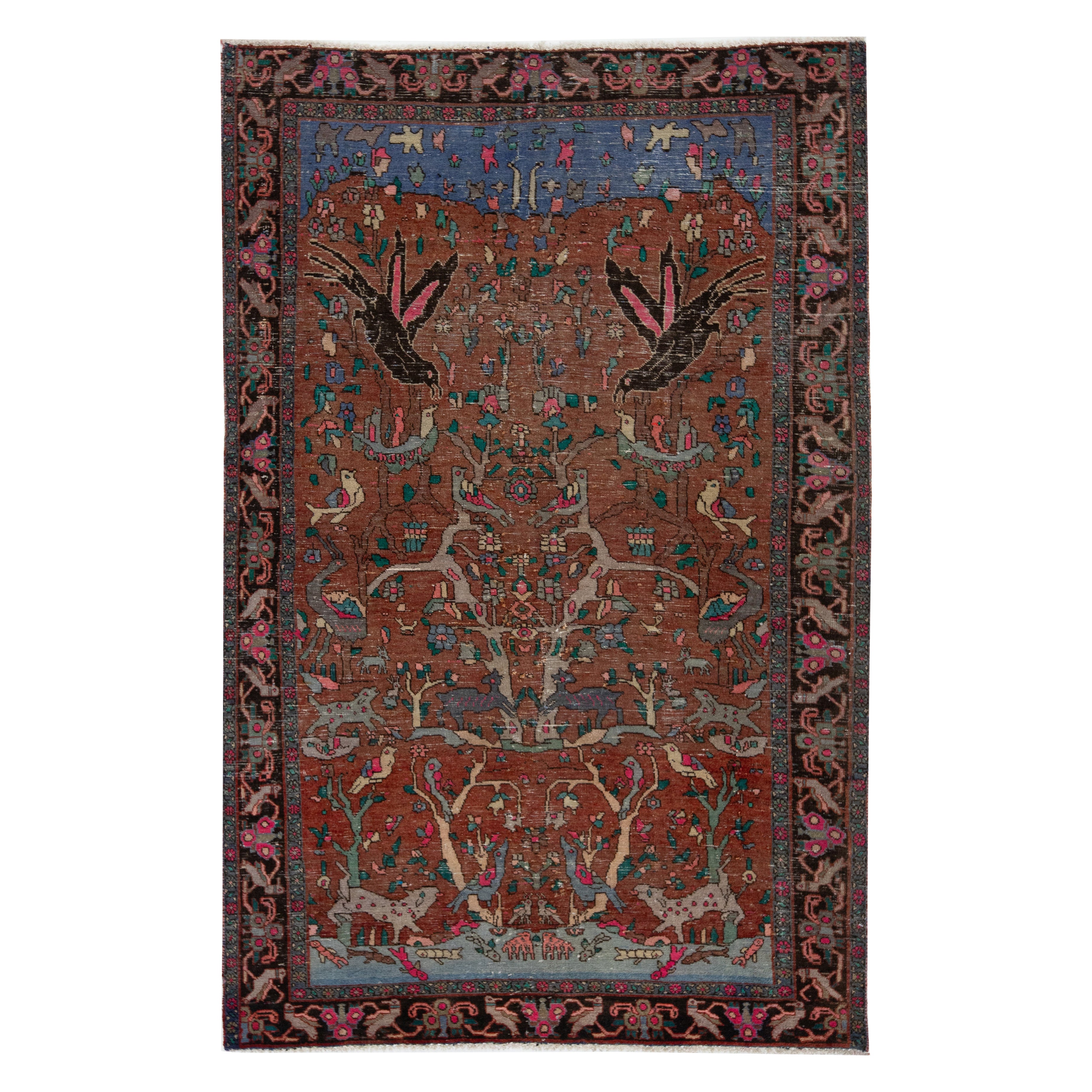 4 x 7 Tapis persan antique en laine, rouille, avec motifs à l'infini