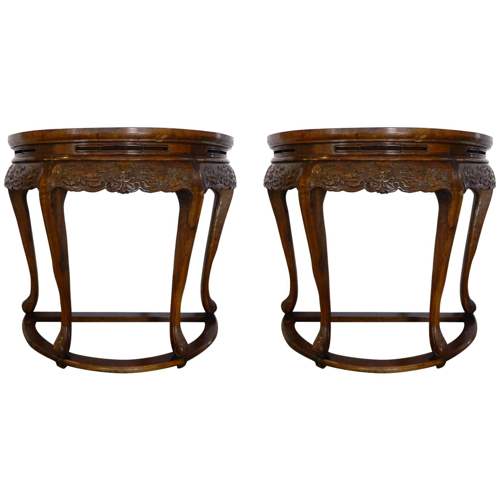 Pair of Chinese Demilune Tables 19th Century 35" Round For Sale