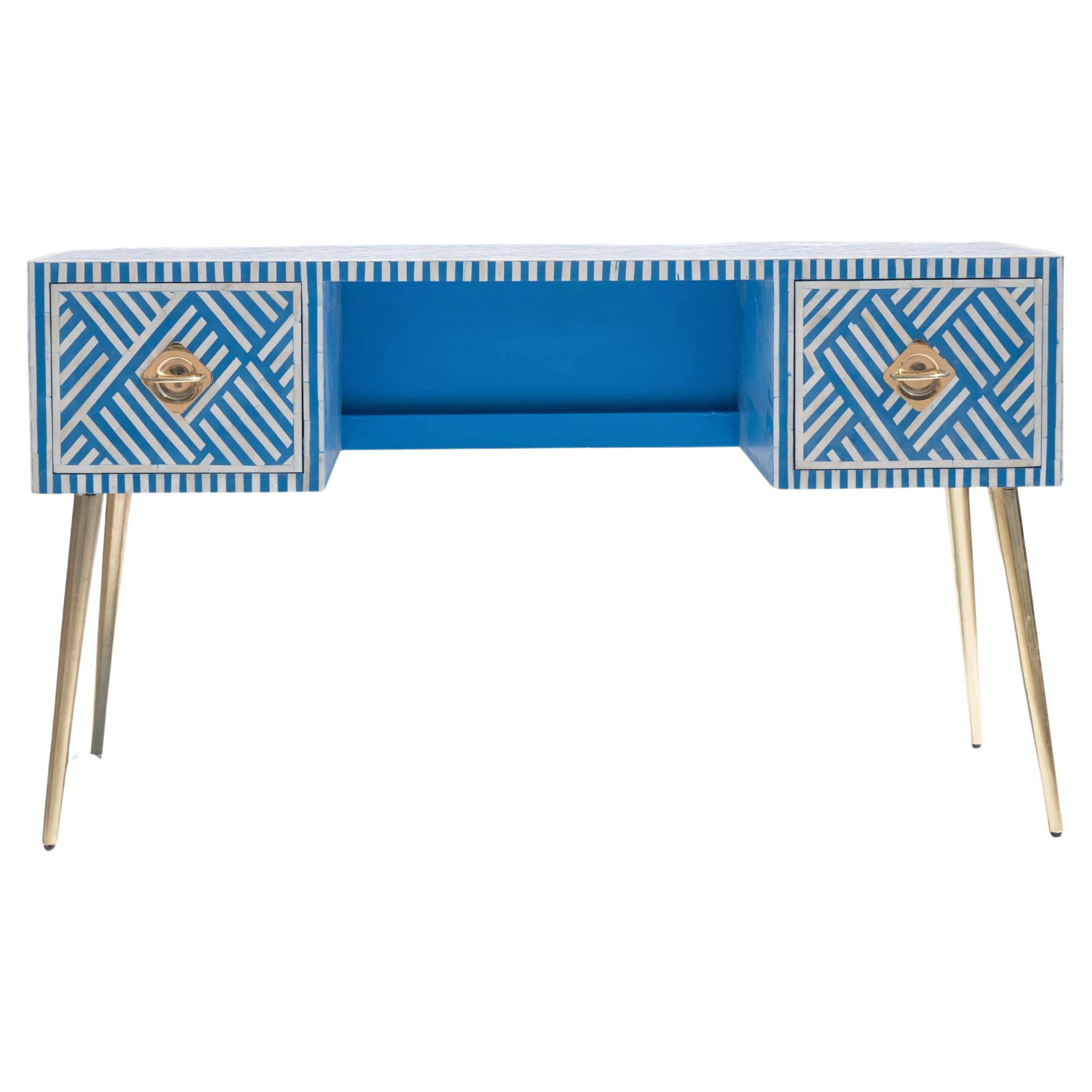 Escritorio Líneas Incrustación Azul Cielo, Hecho a Mano por Artisanal