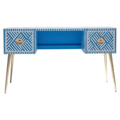 Sky Blue Inlay-Schreibtisch mit Linien, handgefertigt von Artisanal