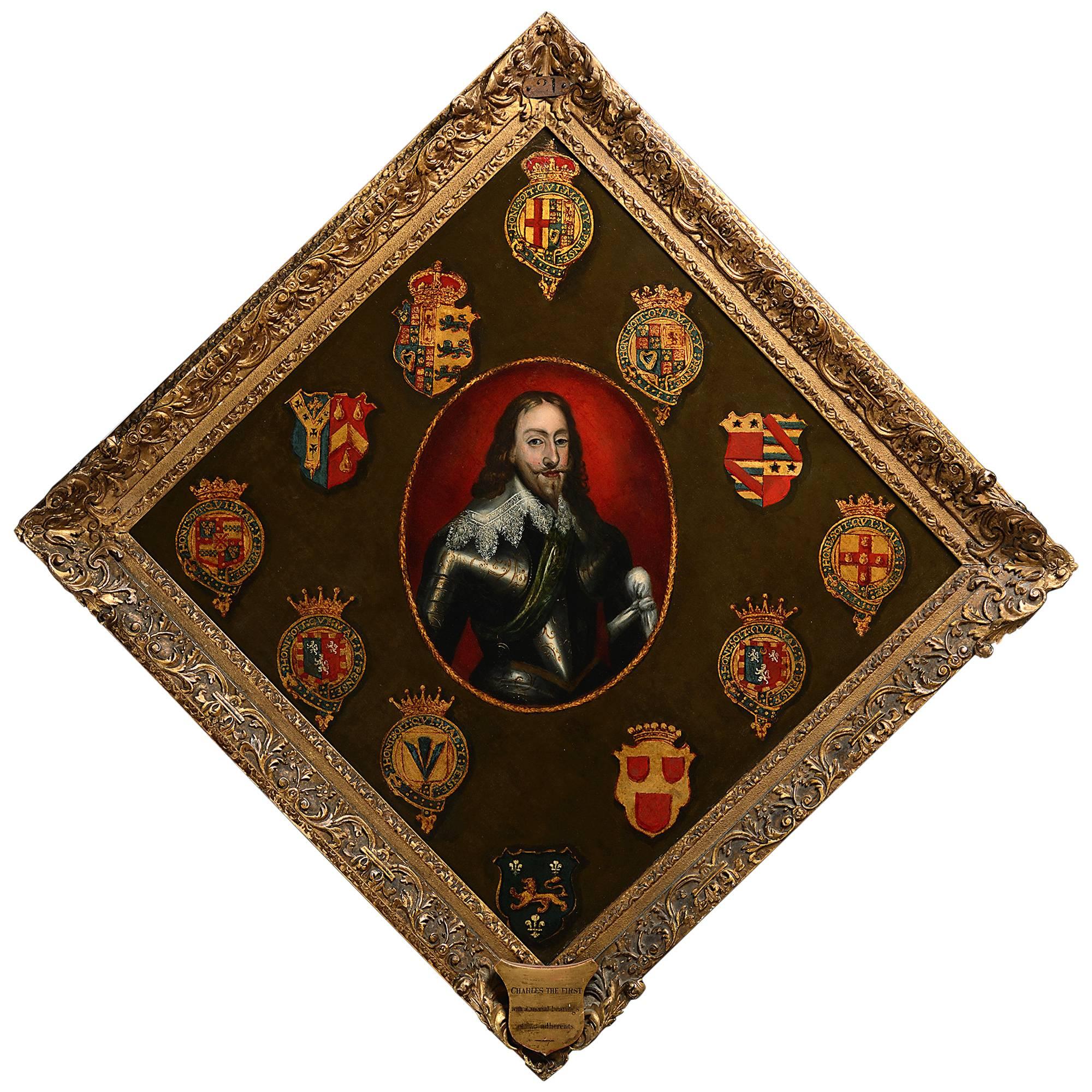 Rare 18th Century Portrait Hatchment of Charles I with Crests of his Supporters