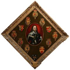 Rare 18th Century Portrait Hatchment of Charles I with Crests of his Supporters