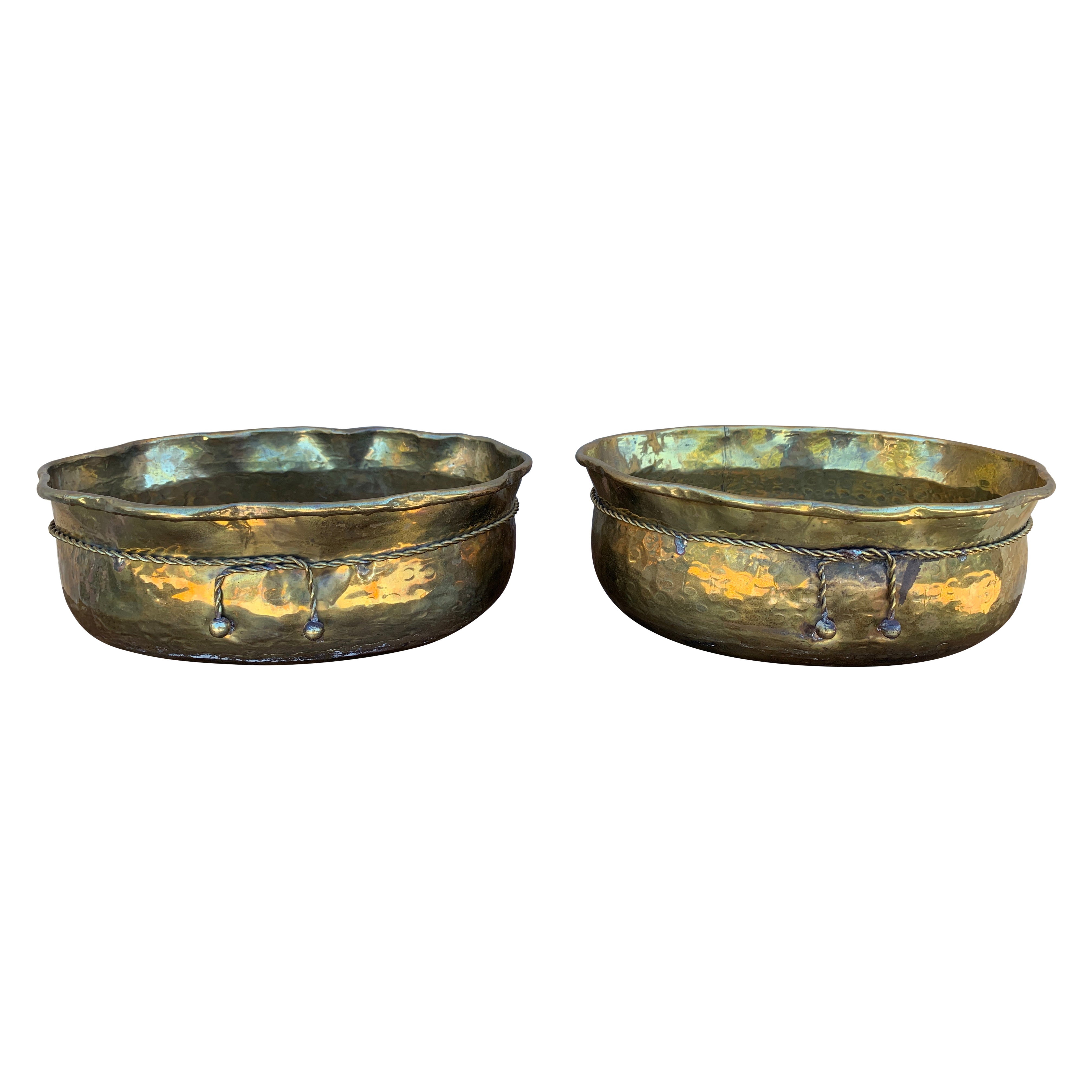 English Country Trompe L'oeil Brass Cachepots or Planters