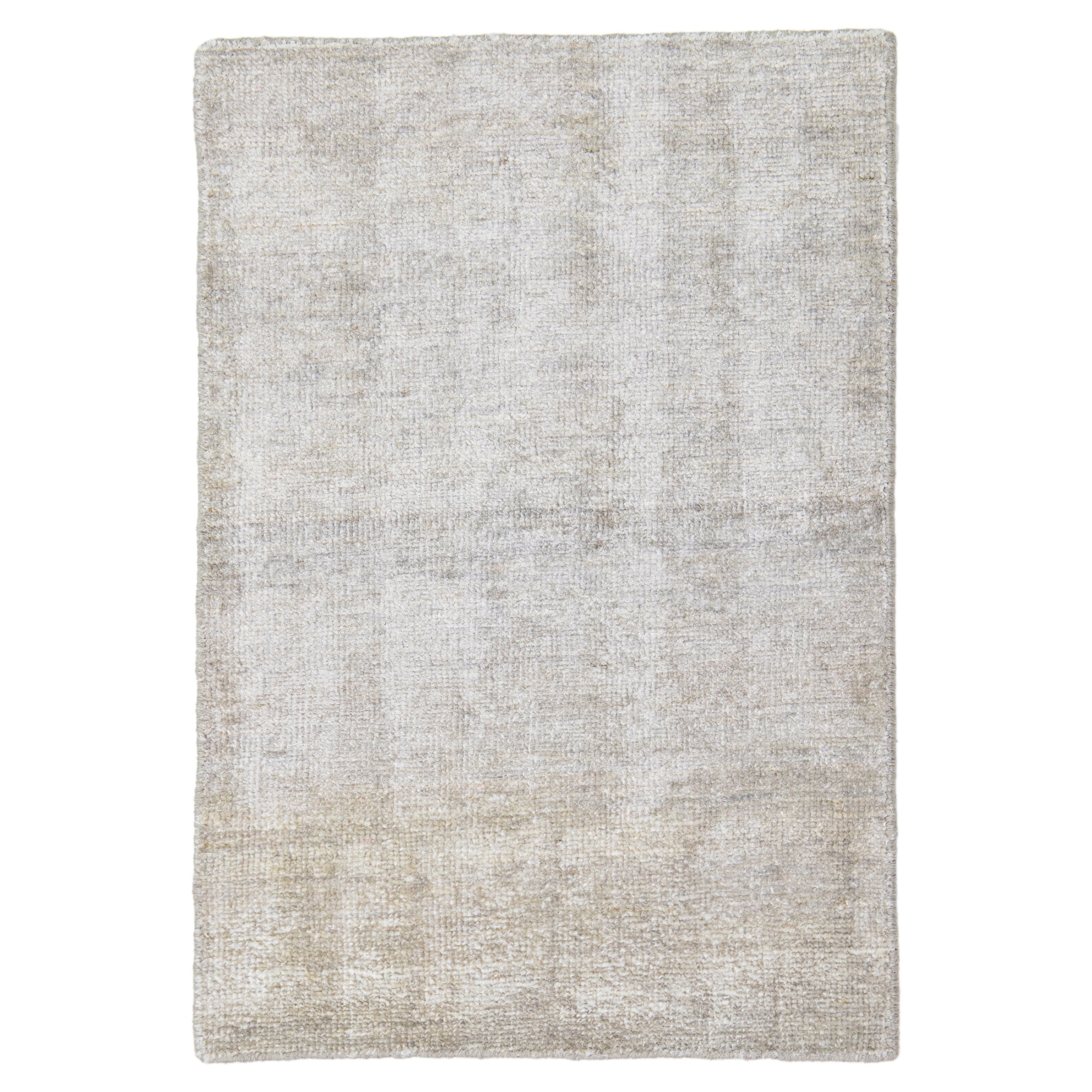 Modern Desert Collection Custom Silk Rug In Light Gray  By Apadana For Sale