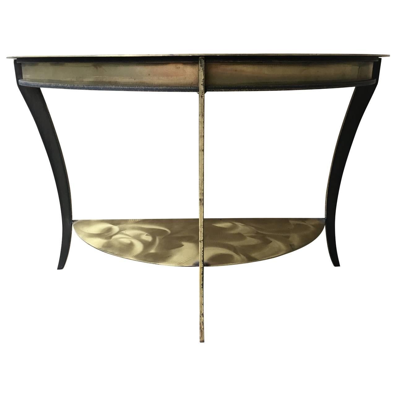 Mid-Century Modern Two-Tier Brushed Brass And Steel Demilune Console For Sale