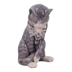 Erik Nielsen for Royal Copenhagen. Porcelain figurine of gray striped cat.