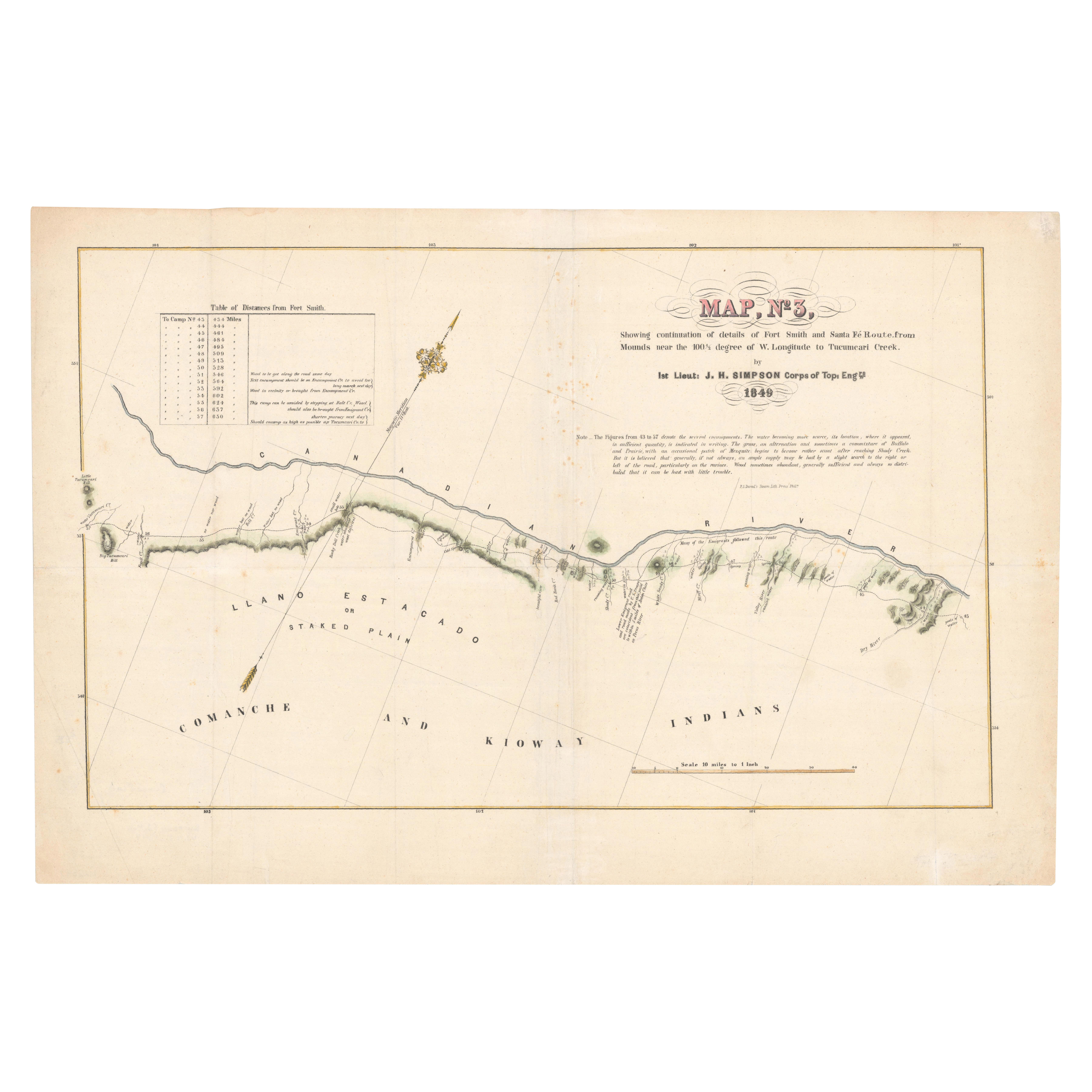 1849 Hand-Colored Map of Fort Smith to Santa Fe Route, Detailing Trails & Camps For Sale