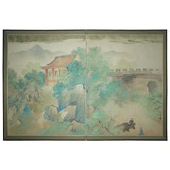 Antique Japan Serene "Women Tea Sharing" Two-Panel Screen, 1930