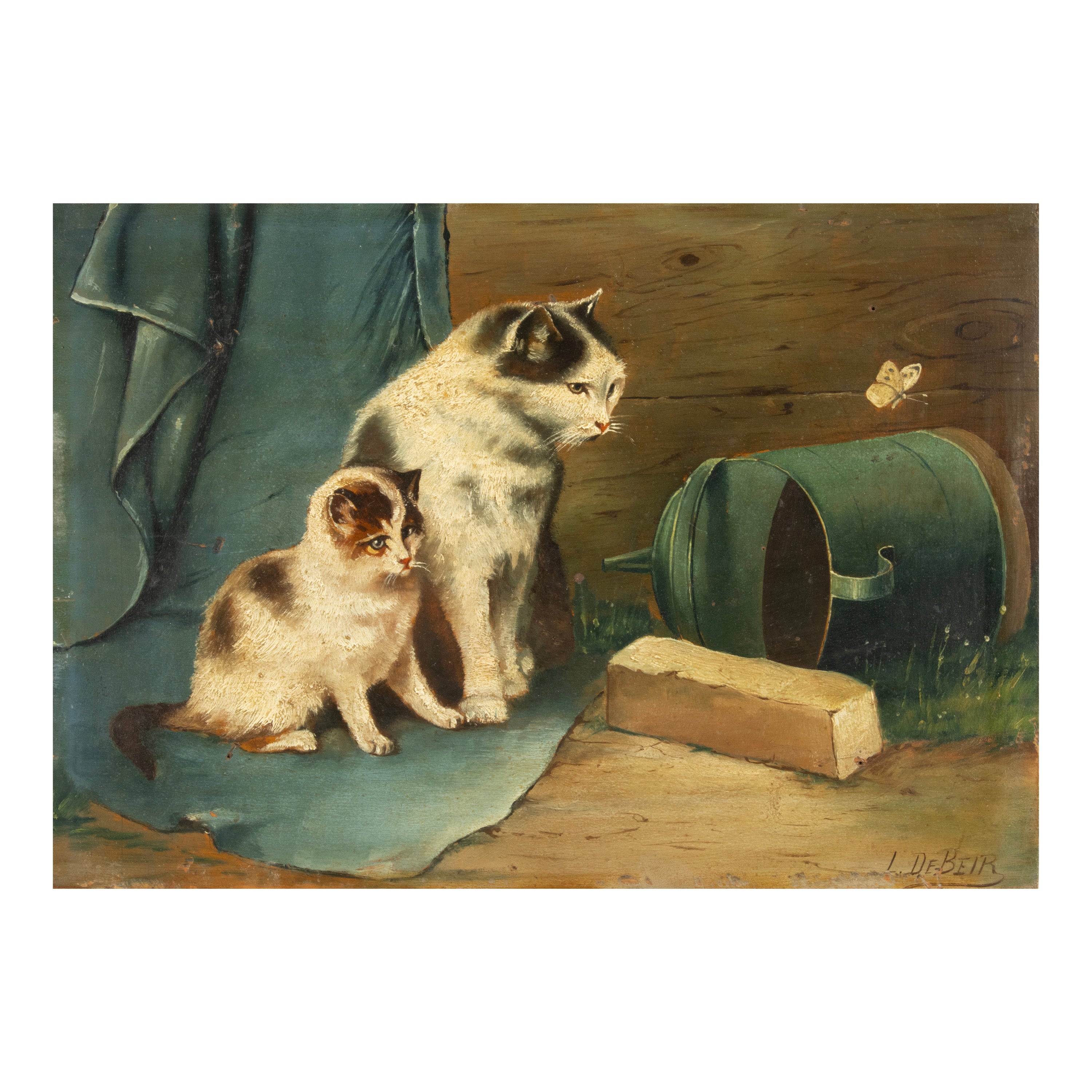 Pittura ad olio dei primi del Novecento - I gatti guardano la farfalla - L. Beir in vendita