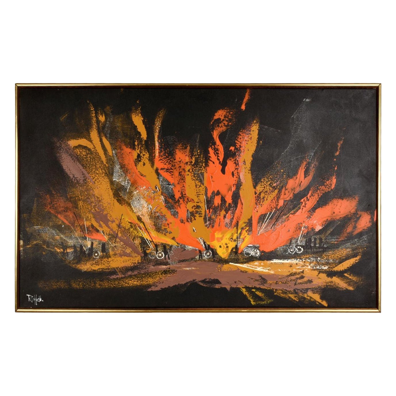 Quadro di paesaggio nero, arancione e giallo della metà del secolo scorso, opera di Rutten
