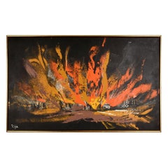 Mid Century Modern Black Orange and Yellow Landscape Painting by Rutten