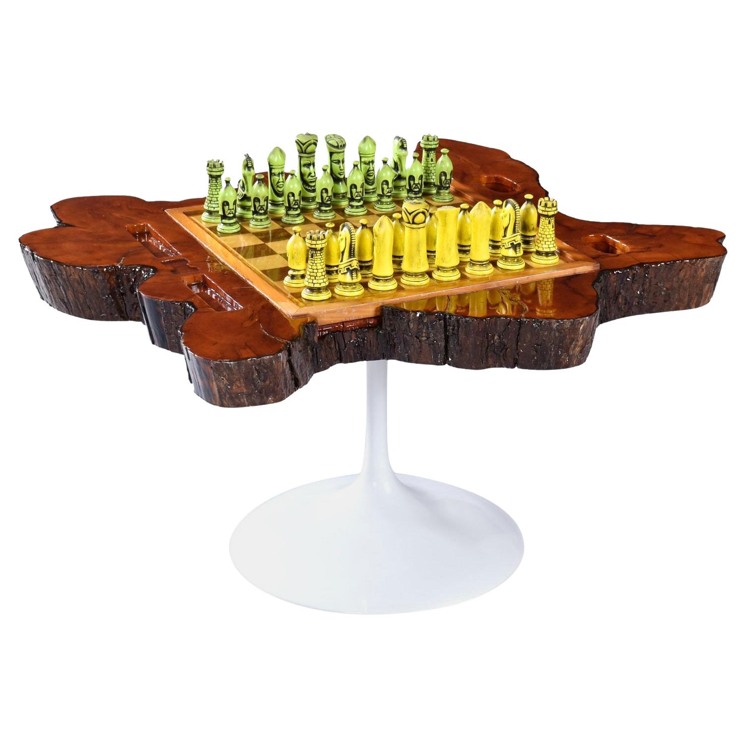 Custom Reversible Chess and Backgammon Live Edge Game Table on Tulip Base For Sale