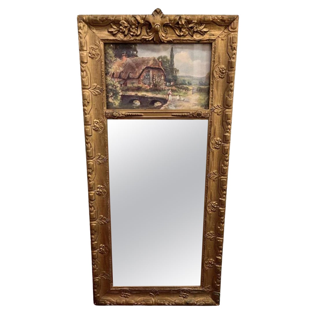 Antiguo Espejo Trumeau de 1800 con Marco Dorado Ornamentado y Litografía Campestre en venta