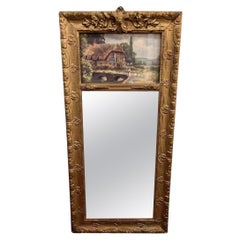 Antique 1800s Trumeau Mirror with Ornate Gold Frame and Countryside Lithograph
