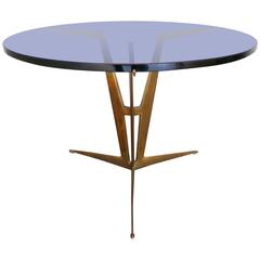 Italian Mid-Century Circular Brass and Polished Blue Glass Table