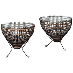 Vintage Pair of Mid Century Wicker and Iron Tables by Franco Albini