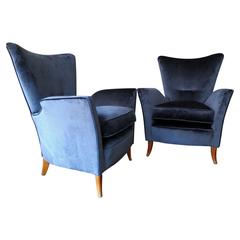 Pair of Italian Blue Velvet 1950s Armchairs in the Manner of ISA 3