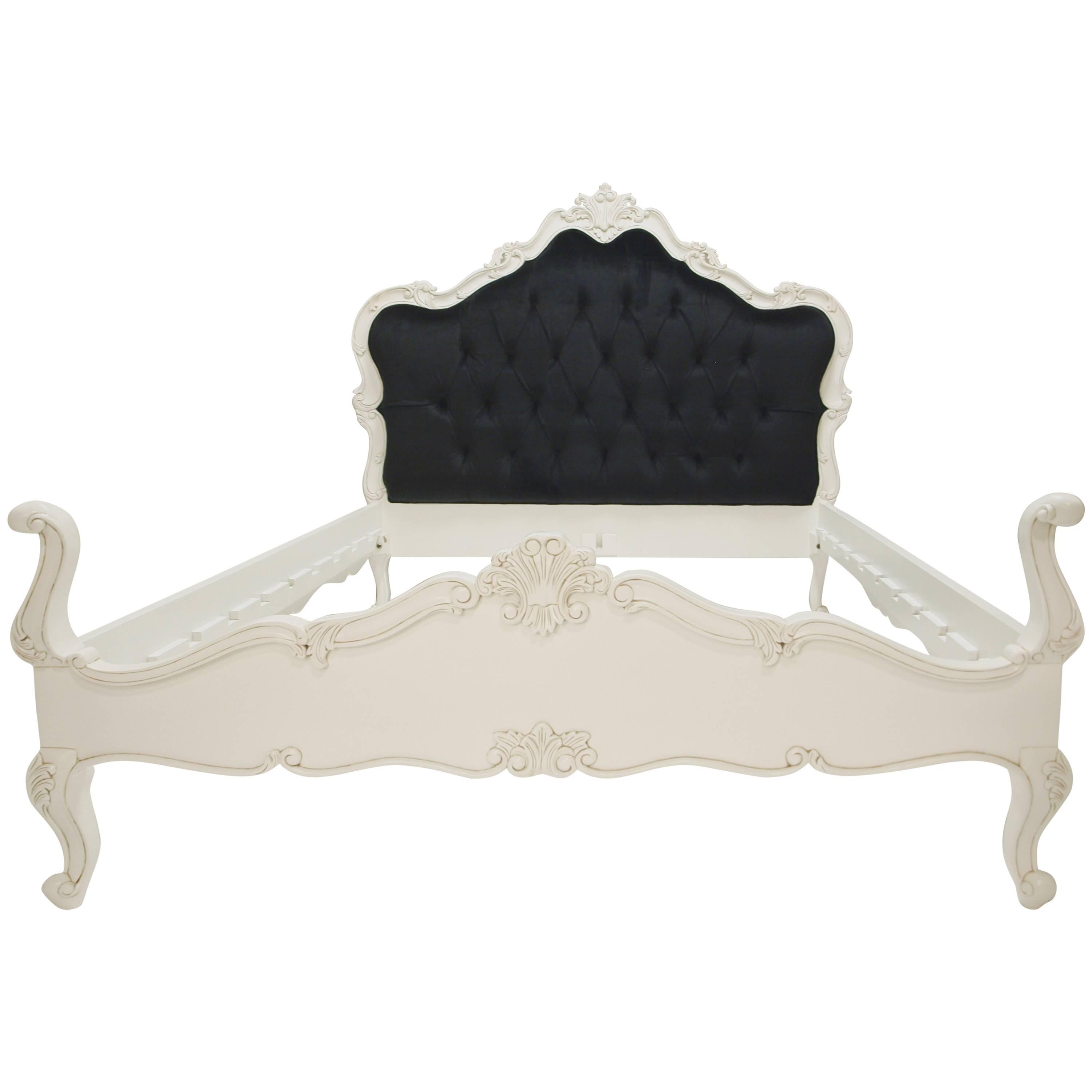 French Bed White Black Velvet Tufted Queen-Size Louis XV Farmhouse Style For Sale