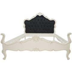 Vintage French Bed White Black Velvet Tufted Queen-Size Louis XV Farmhouse Style