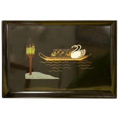 Large Vintage Couroc Inlayed Brass and Stone Tray with swan