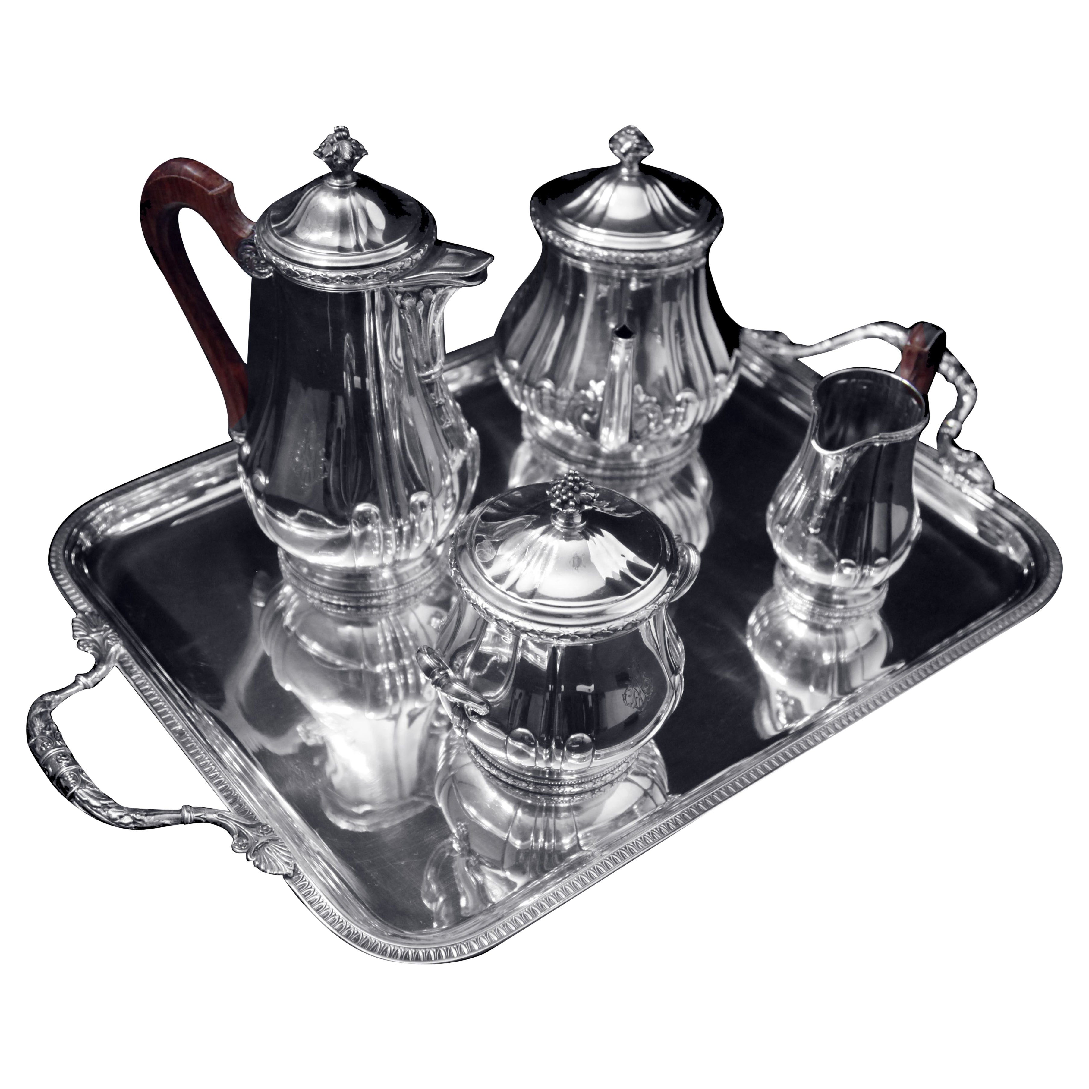 Puiforcat (Hermes): 4pc. French Louis XVI Sterling Tea Set + Tetard Silver Tray