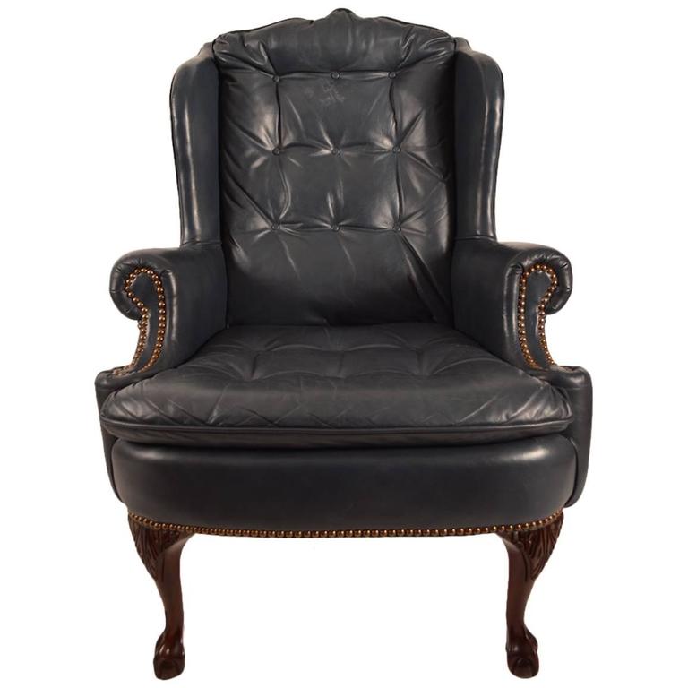 Midnight Blue Leather Wing Chair with Cabriole Leg at 1stDibs