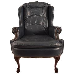 Vintage Midnight Blue Leather Wing Chair with Cabriole Leg