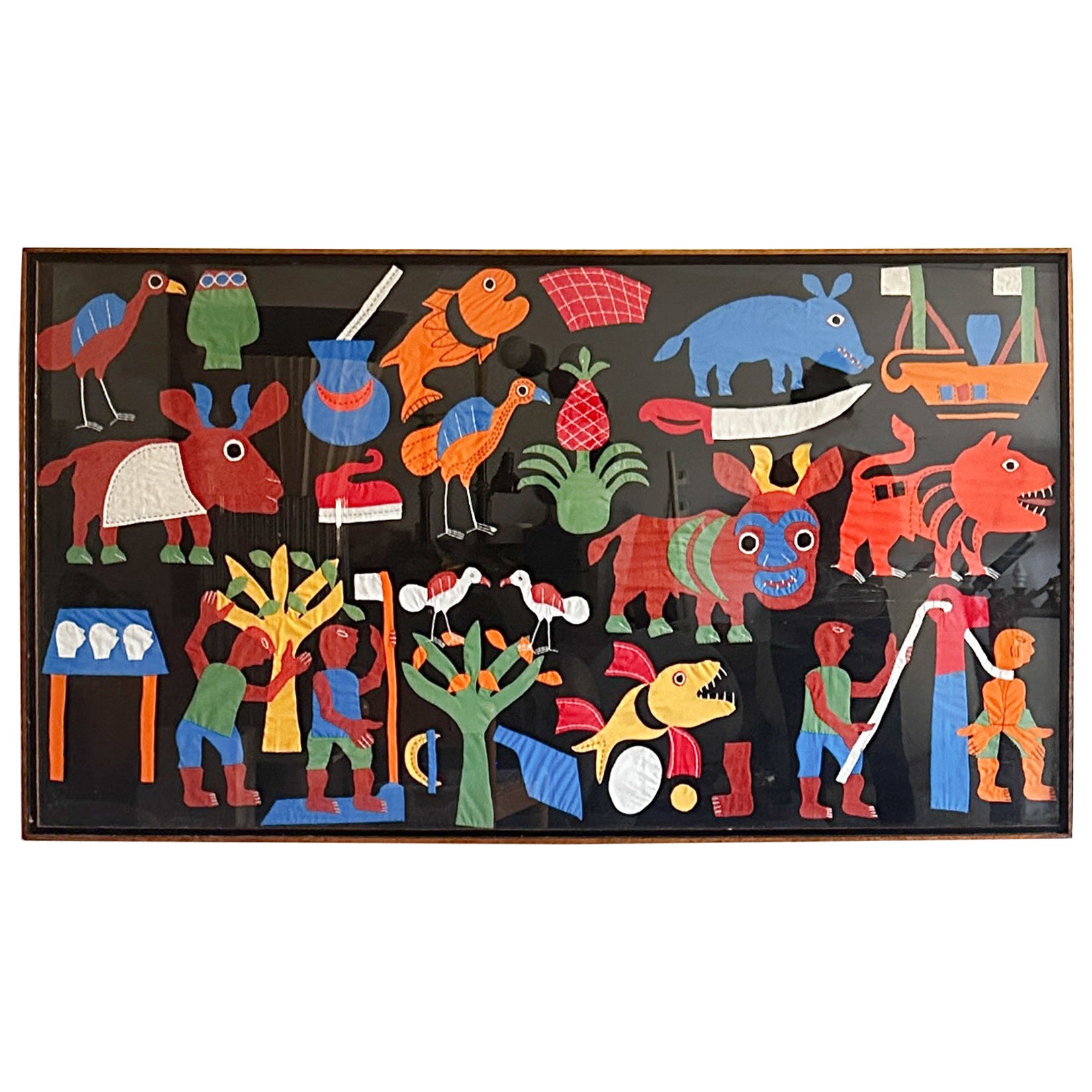 large African Dahomey Anti-Colonial Folk Tapestry, Benin framed
