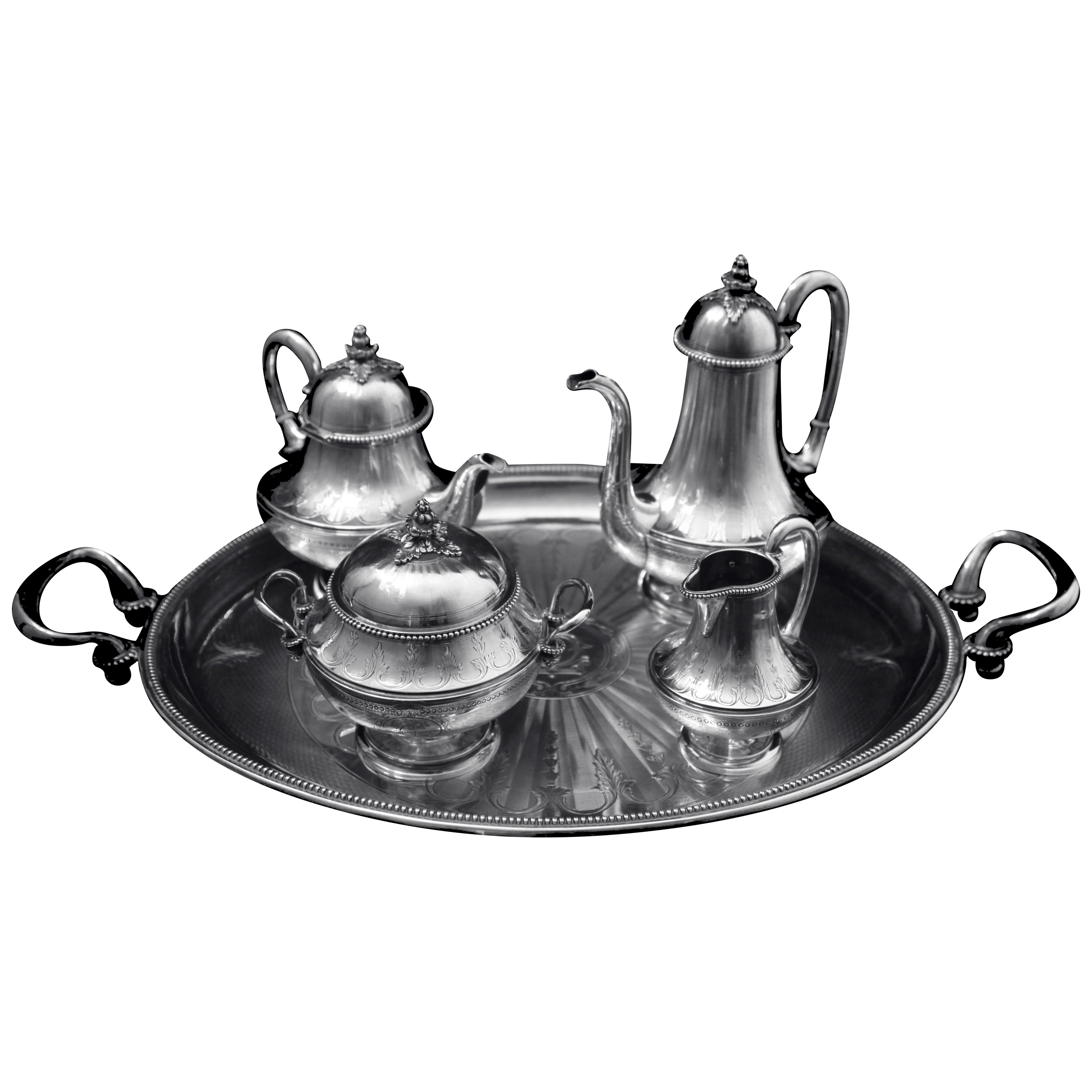 Queille - Magnificent 5pc. Antique French 950 Sterling Silver Tea Set + Wraps ! For Sale