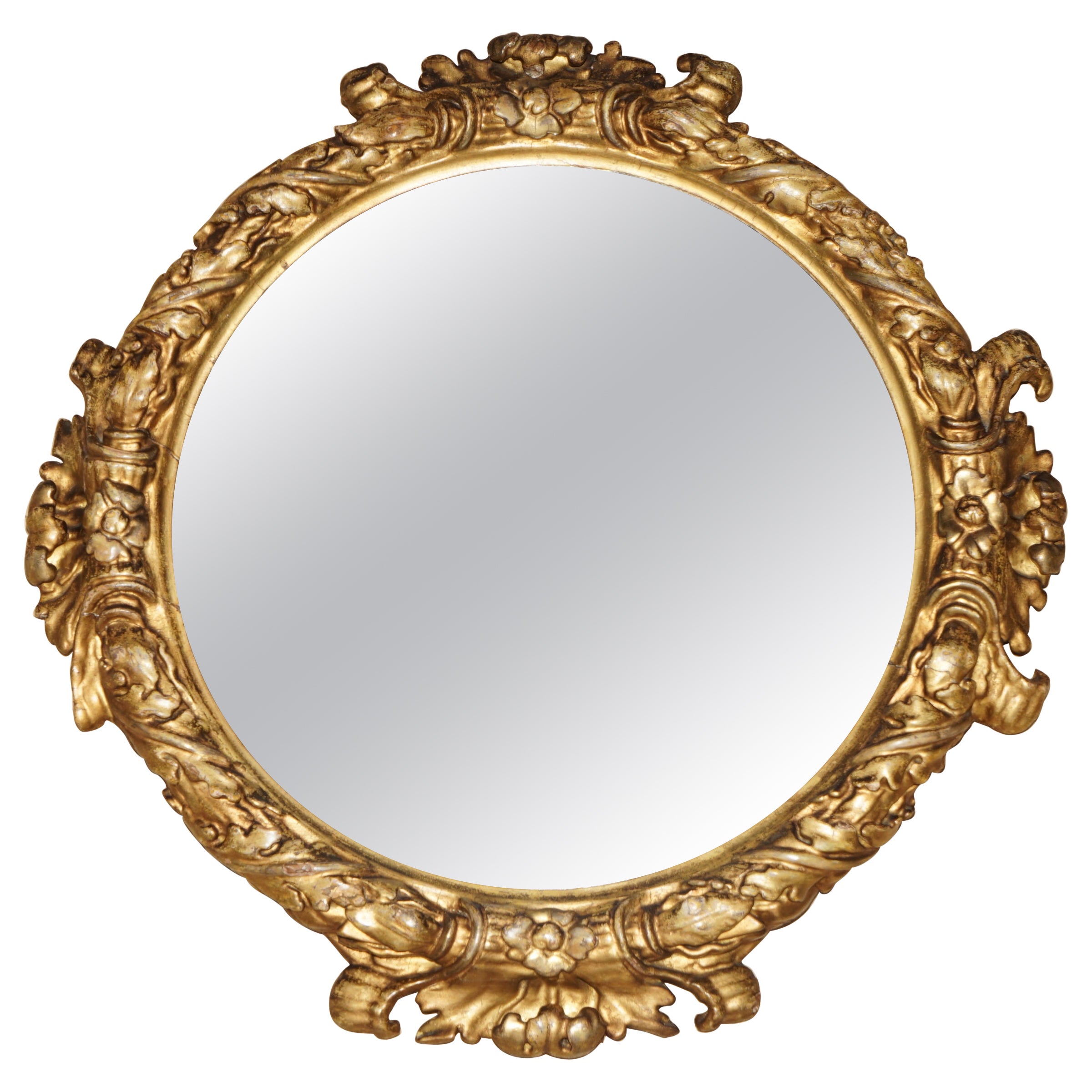 STUNNING ANTiQUE CIRCA 1860-1880 HAND CARVED ROUND MIRROR WITH ORNATE GILDING