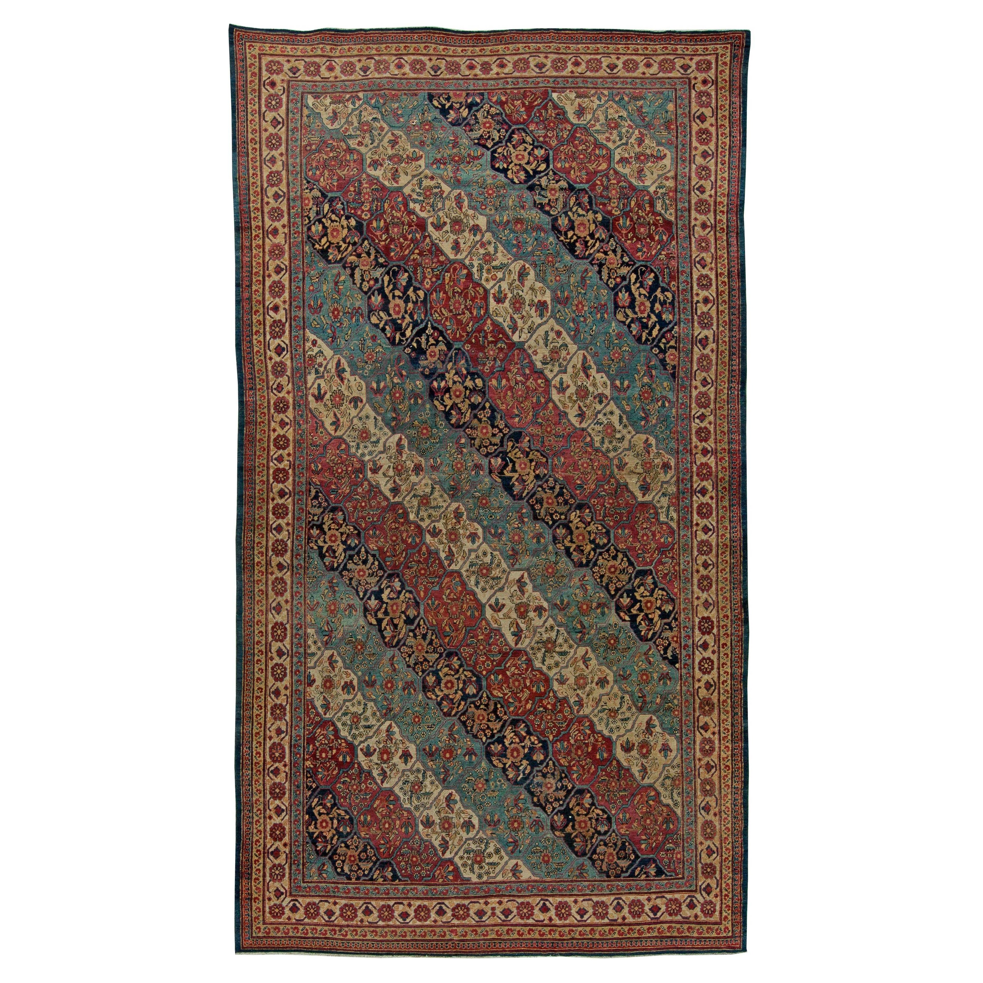 Doris Leslie Blau Tappeto in lana intrecciata a mano del XIX secolo Kirman rosso e blu in vendita