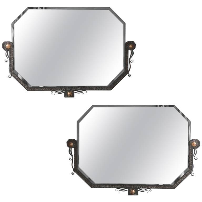 Pair of French Art Deco Hammered Steel and Bronze Mirrors, Paul Kiss
