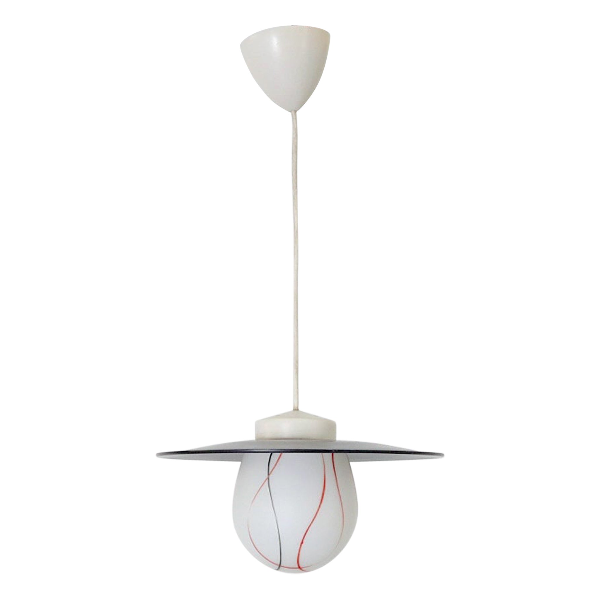 Mid-Century Printed Milk Glass Ceiling Pendant with Black Shade by Philips