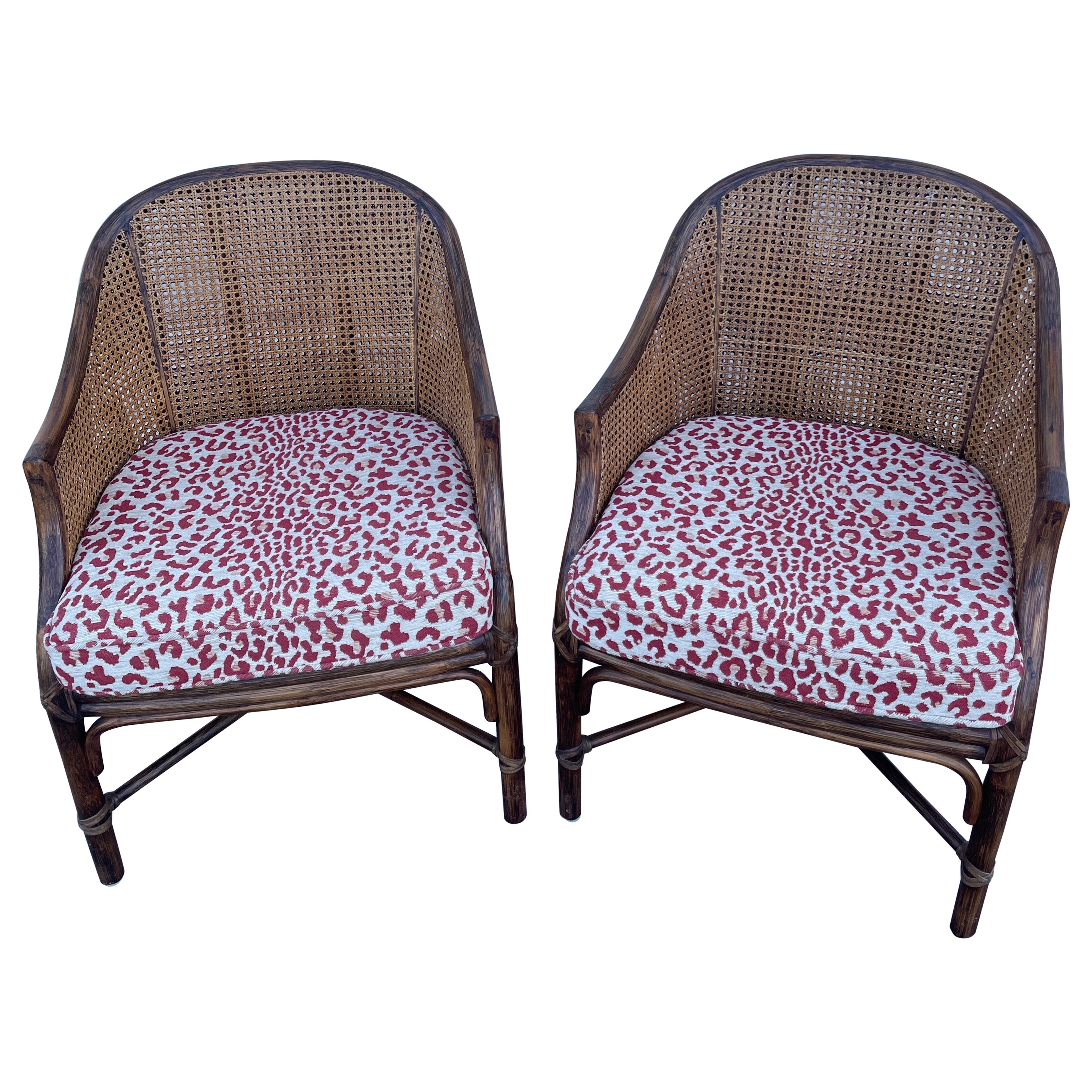 Pair of Faux Bamboo Caned Club Chairs by Mc Guire